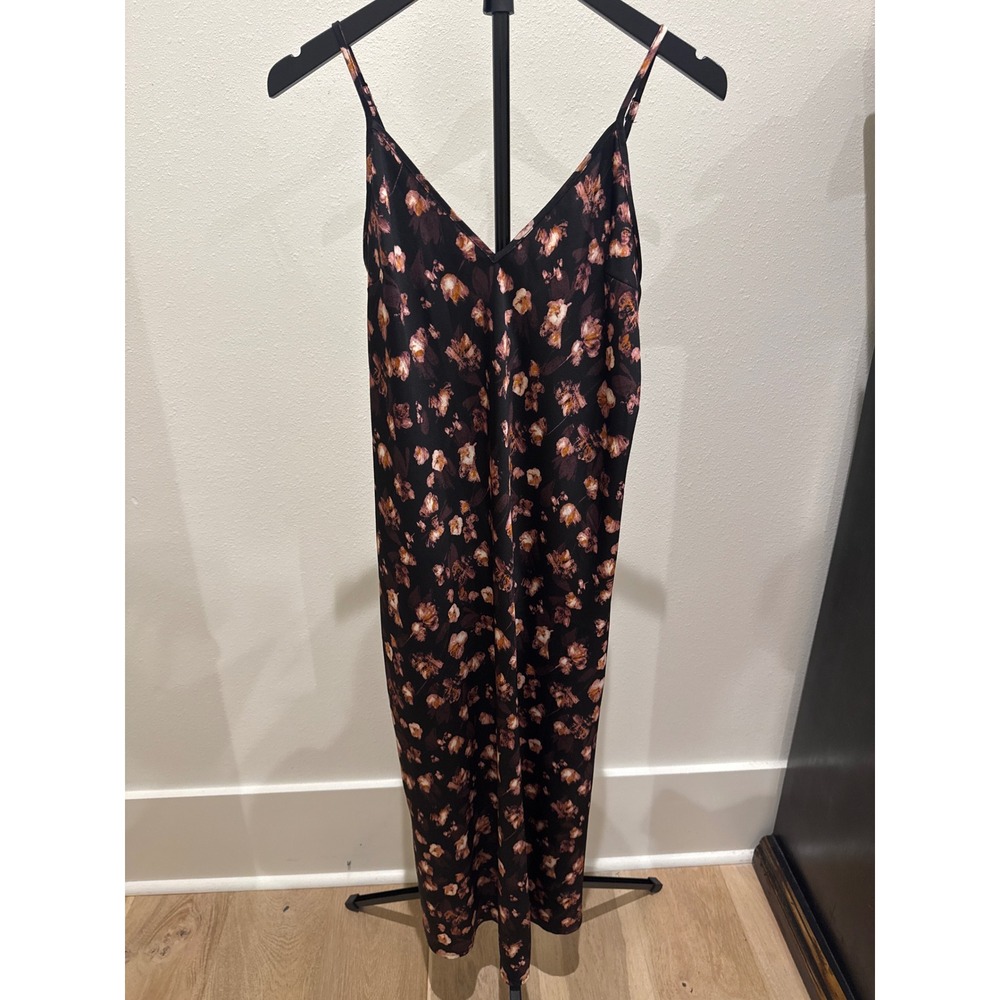 A New Day Floral Satin Slip Dress Womens XS Black Pink Midi V-Neck Adjustable‎